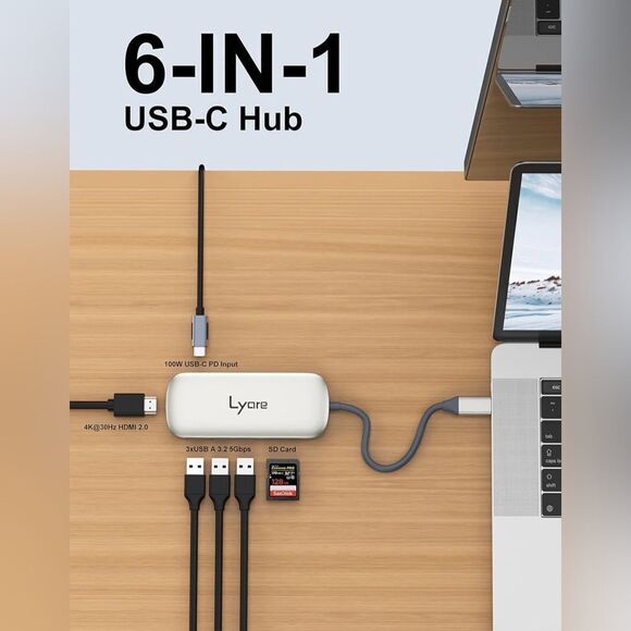 6-in-1 Multiport USB C Adapter Hub For Laptops 3 USB Ports 4K HDMI SD Card NIB - Picture 2 of 8